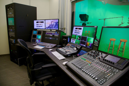 video production studio with green screen