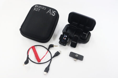 components of an audio kit including lapel microphones and accessories